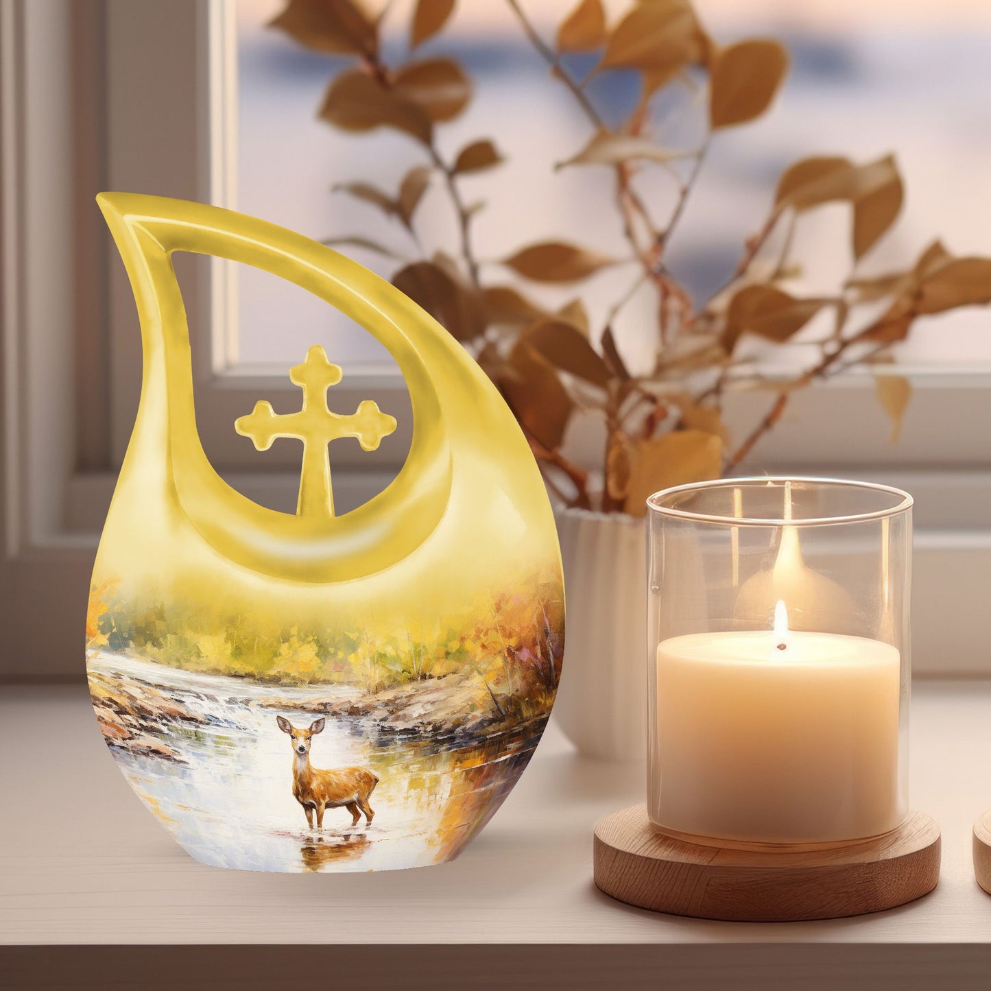 Large 10-inch deer themed Garden Urn with Cross Drop design for ashes