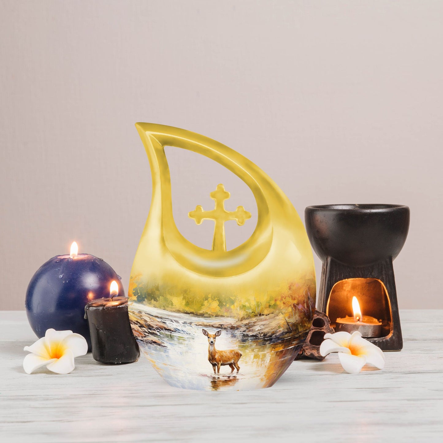 Large 10-inch deer themed Garden Urn with Cross Drop design for ashes