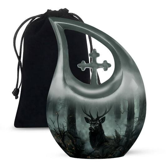 10-inch Deer Urn with Cross Drop design