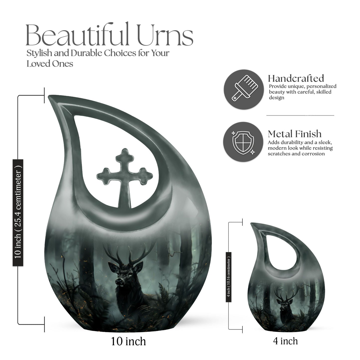 10-inch Deer Urn with Cross Drop design