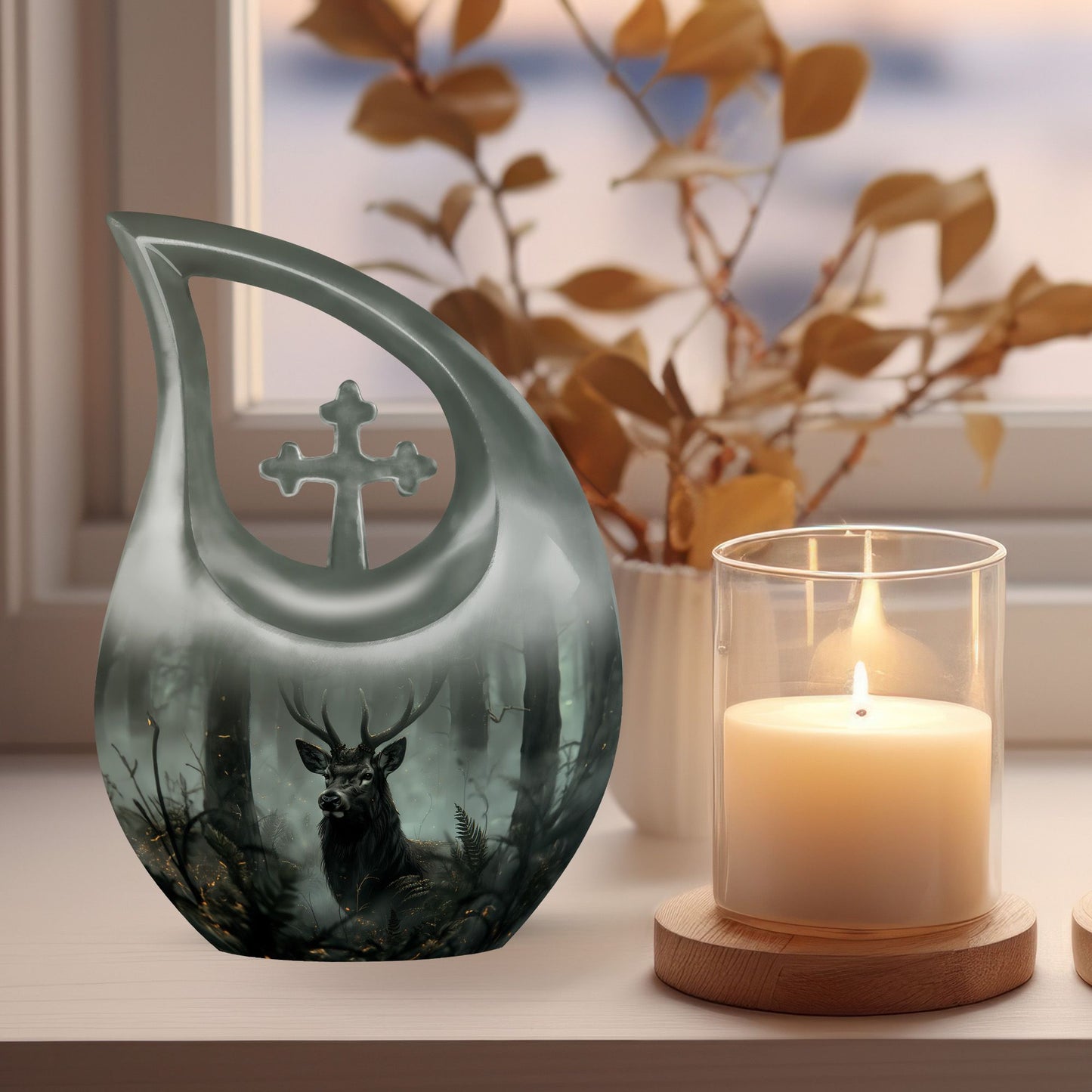 10-inch Deer Urn with Cross Drop design