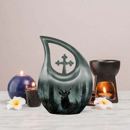 10-inch Deer Urn with Cross Drop design