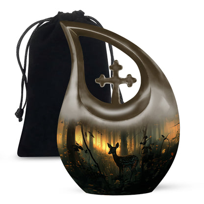 10 inch Deer Themed Cross Drop Design Aluminium Memorial Urn