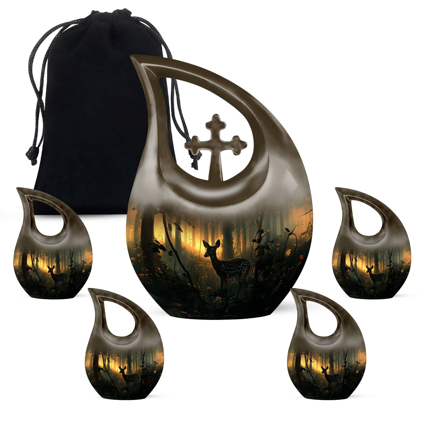 10 inch Deer Themed Cross Drop Design Aluminium Memorial Urn
