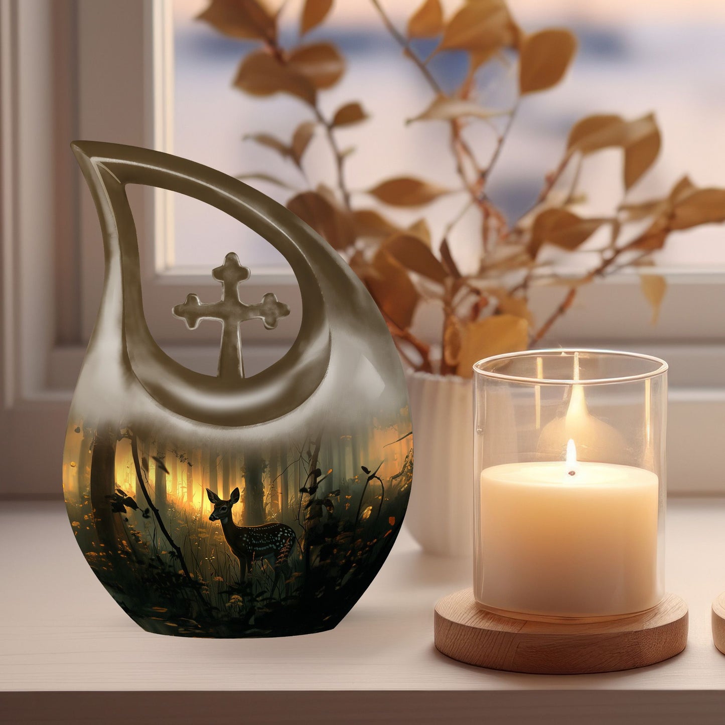 10 inch Deer Themed Cross Drop Design Aluminium Memorial Urn