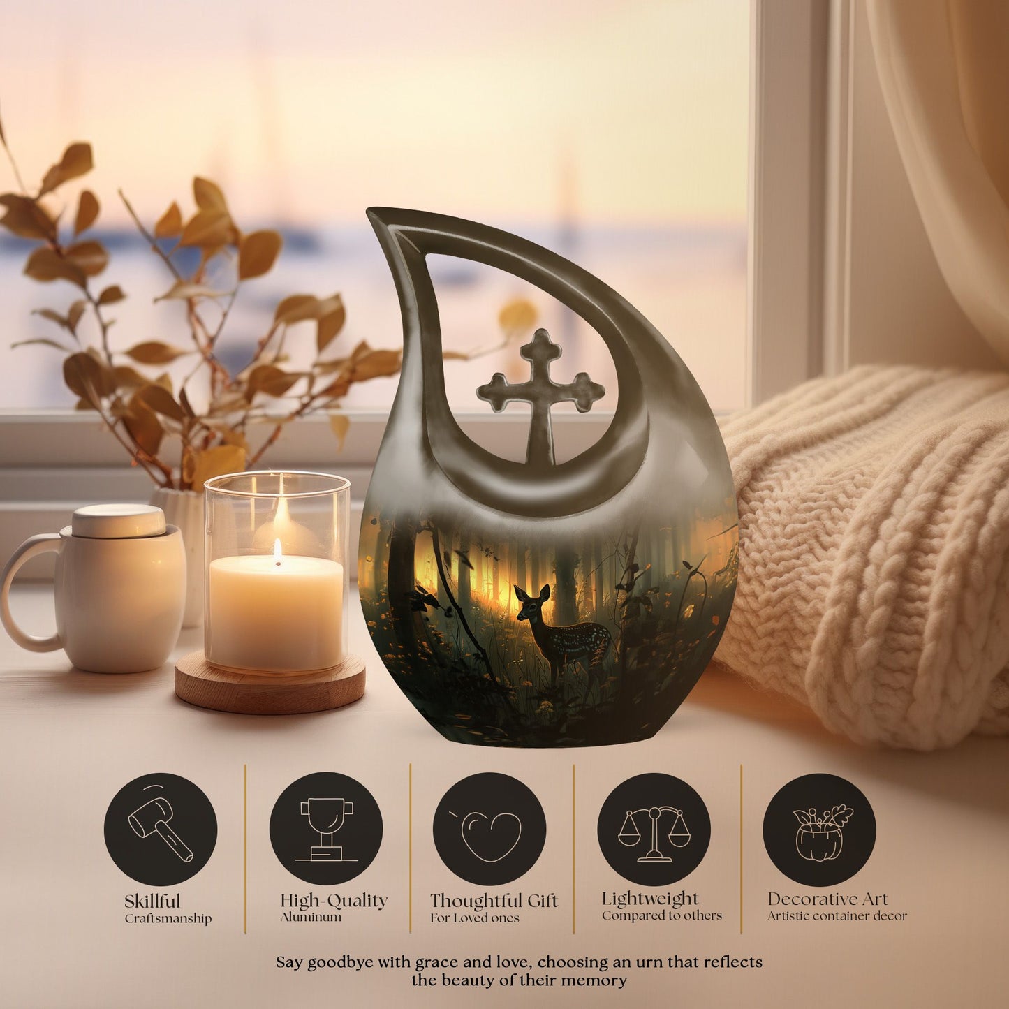 10 inch Deer Themed Cross Drop Design Aluminium Memorial Urn