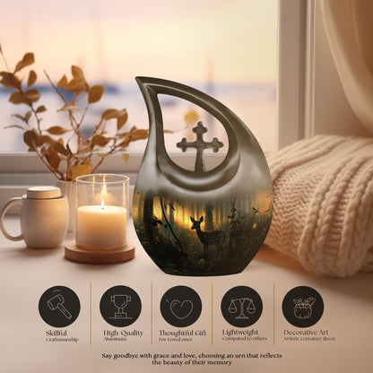 10 inch Deer Themed Cross Drop Design Aluminium Memorial Urn