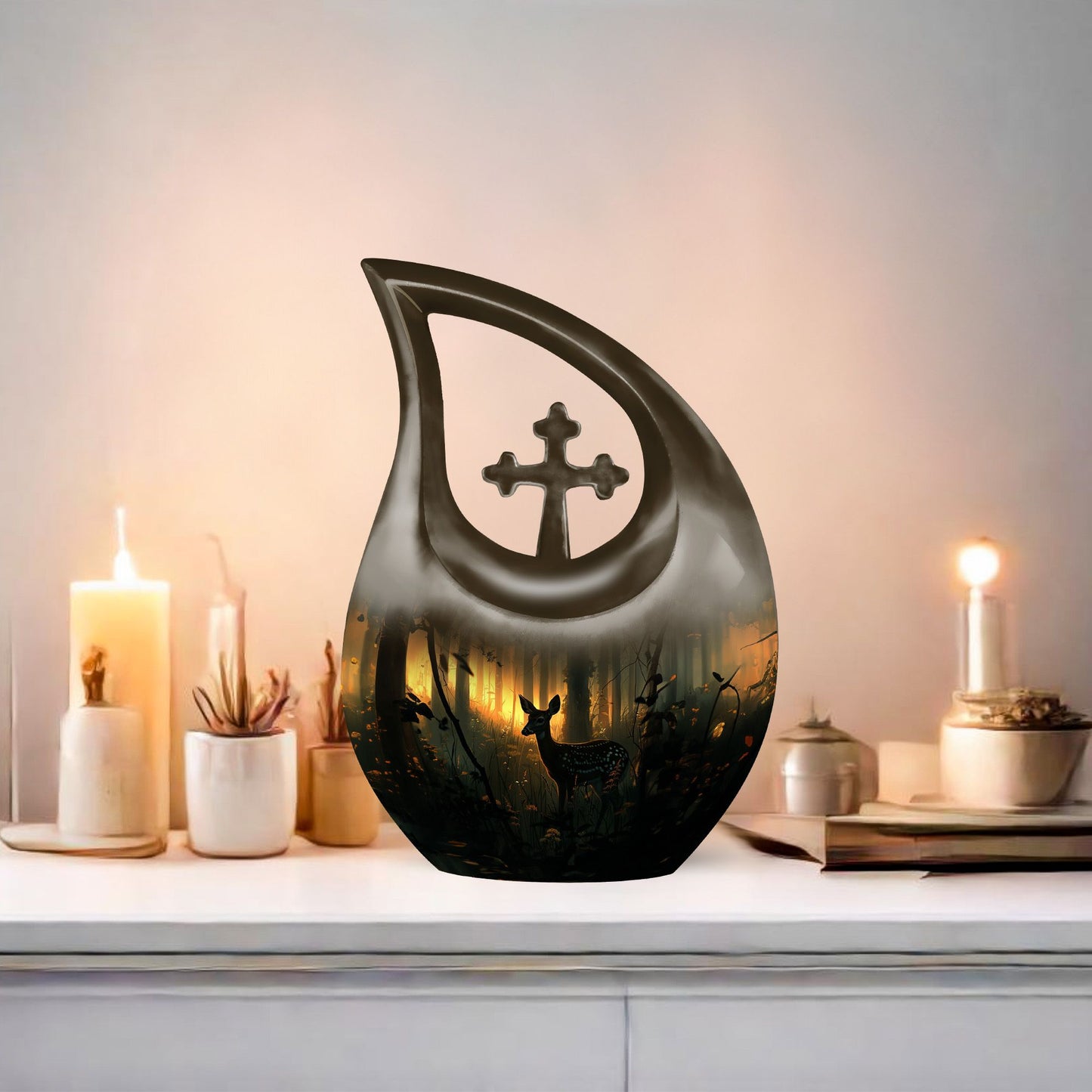 10 inch Deer Themed Cross Drop Design Aluminium Memorial Urn
