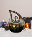 10 inch Deer Themed Cross Drop Design Aluminium Memorial Urn