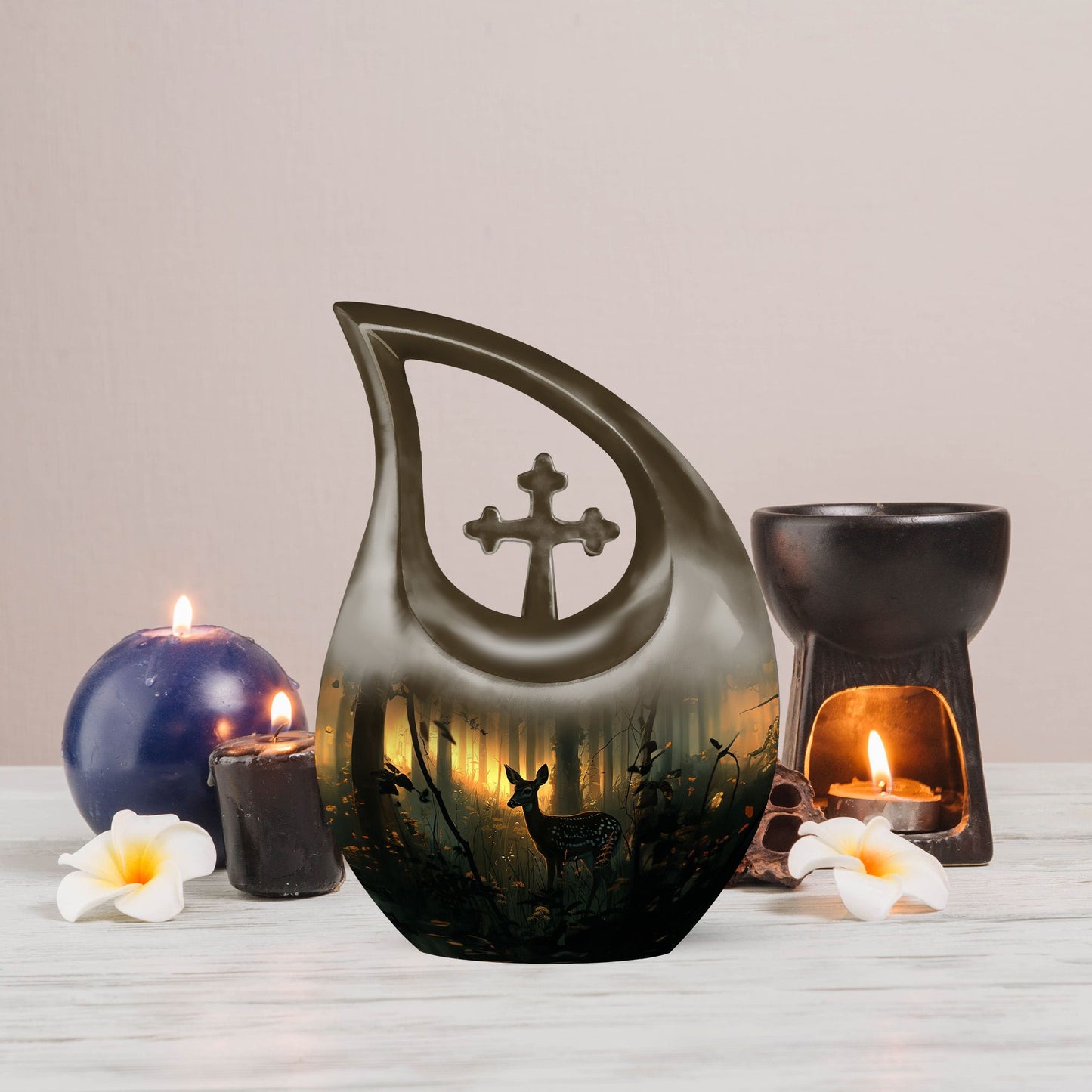 10 inch Deer Themed Cross Drop Design Aluminium Memorial Urn