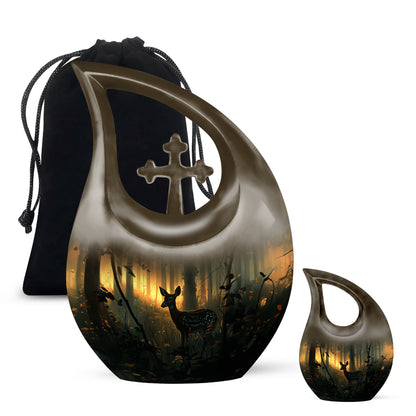 10 inch Deer Themed Cross Drop Design Aluminium Memorial Urn