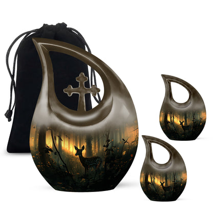 10 inch Deer Themed Cross Drop Design Aluminium Memorial Urn