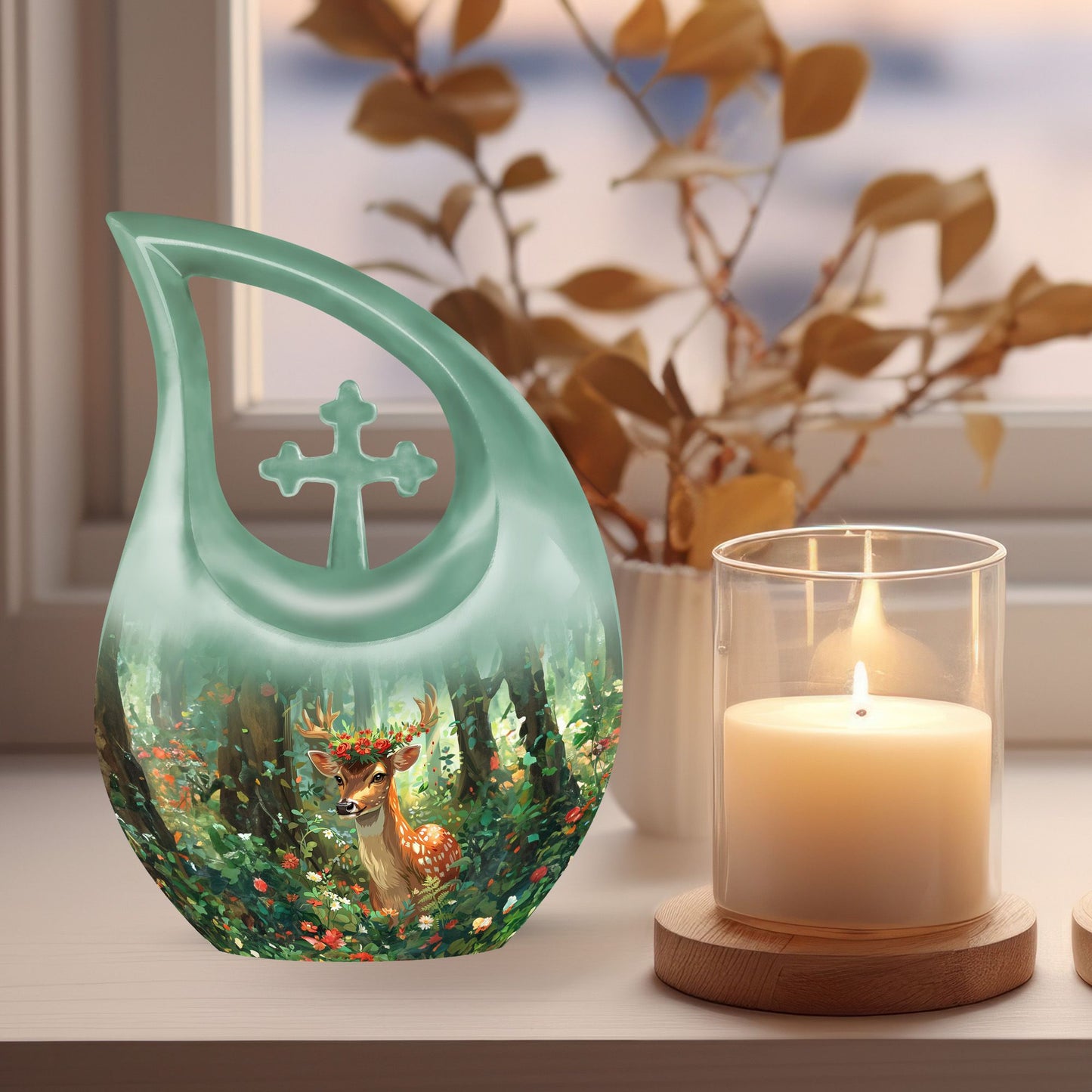 10-inch Deer-themed Aluminium Cross Drop Urn 