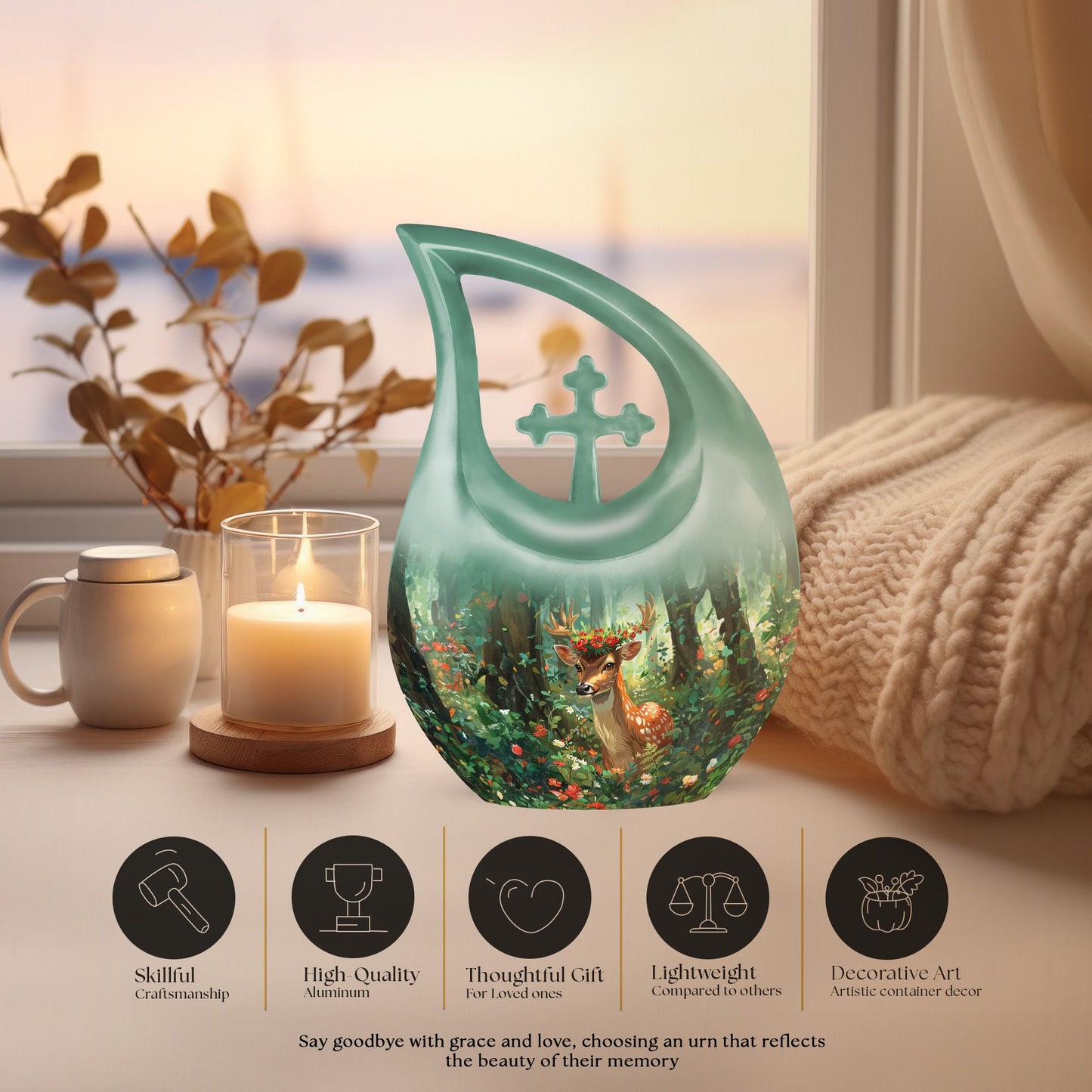 10-inch Deer-themed Aluminium Cross Drop Urn 