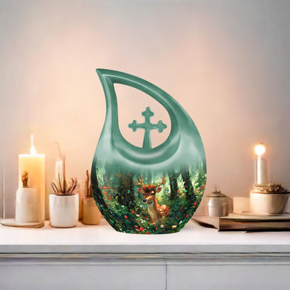 10-inch Deer-themed Aluminium Cross Drop Urn 