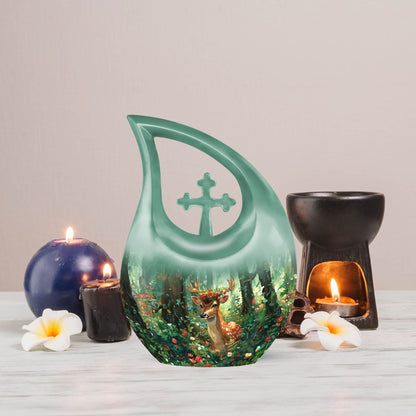 10-inch Deer-themed Aluminium Cross Drop Urn 