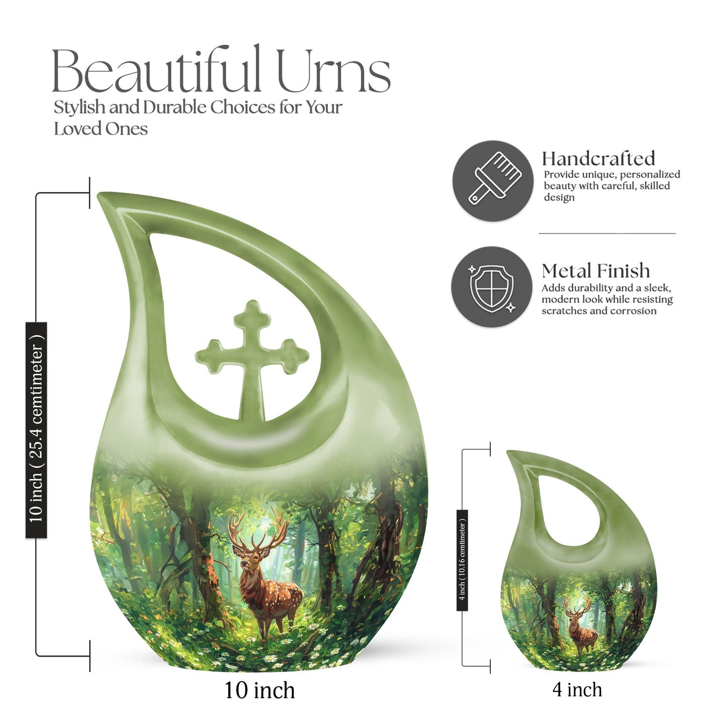 Deer themed 10 Inch Cross Drop urn 