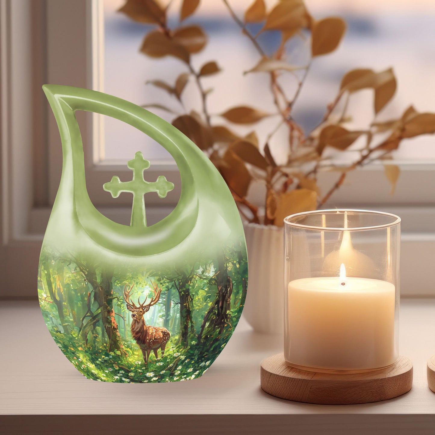 Deer themed 10 Inch Cross Drop urn 