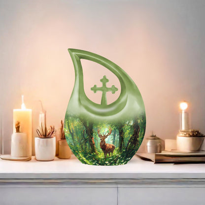 Deer themed 10 Inch Cross Drop urn 