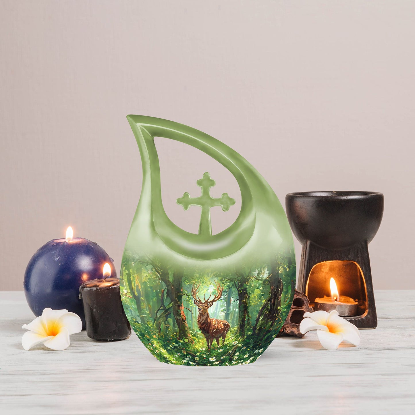 Deer themed 10 Inch Cross Drop urn 