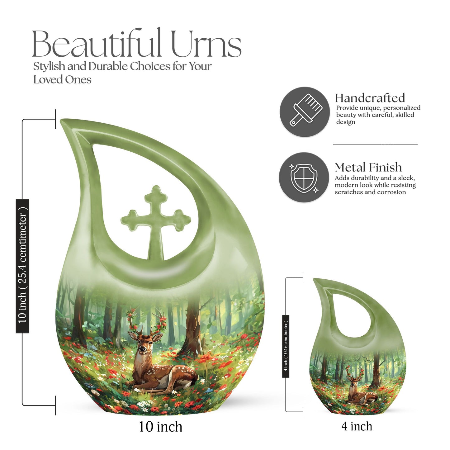 10-inch Deer-themed Aluminium Cross Drop Design Urn,