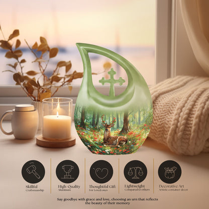 10-inch Deer-themed Aluminium Cross Drop Design Urn,