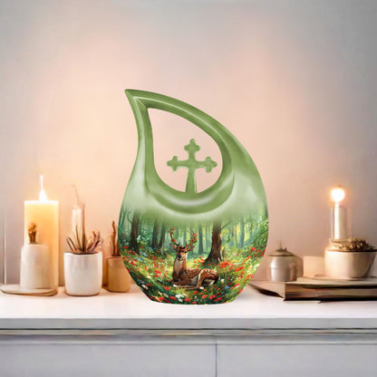 10-inch Deer-themed Aluminium Cross Drop Design Urn,