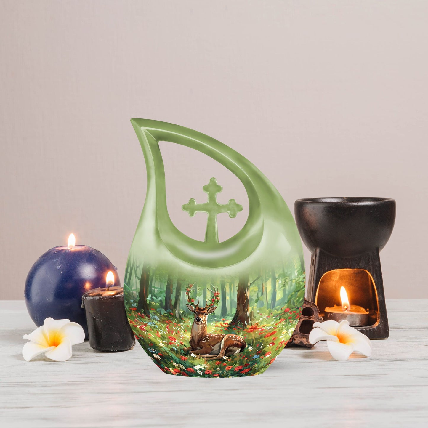 10-inch Deer-themed Aluminium Cross Drop Design Urn,