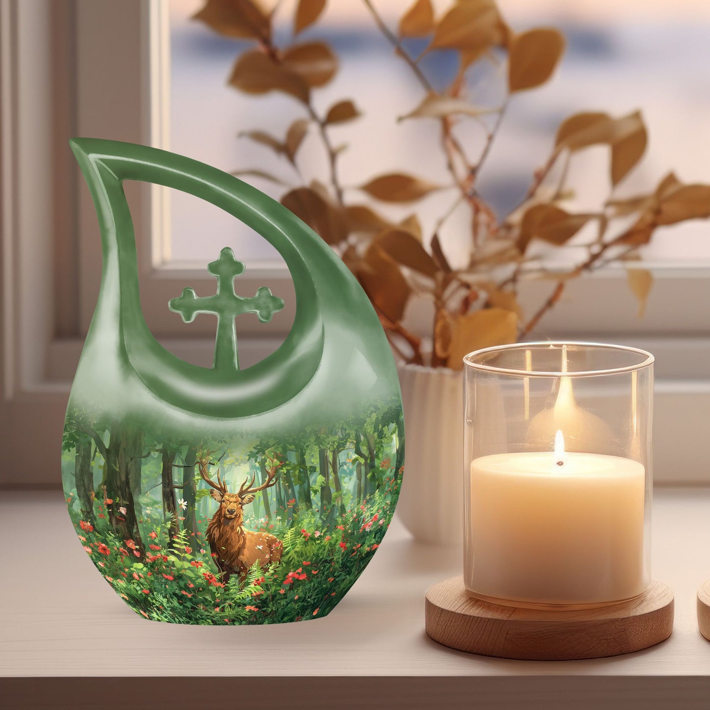 10-inch Aluminium Deer Urn with Cross Drop Design, 