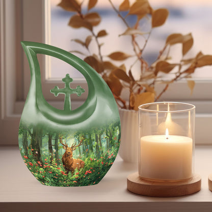 10-inch Aluminium Deer Urn with Cross Drop Design, 