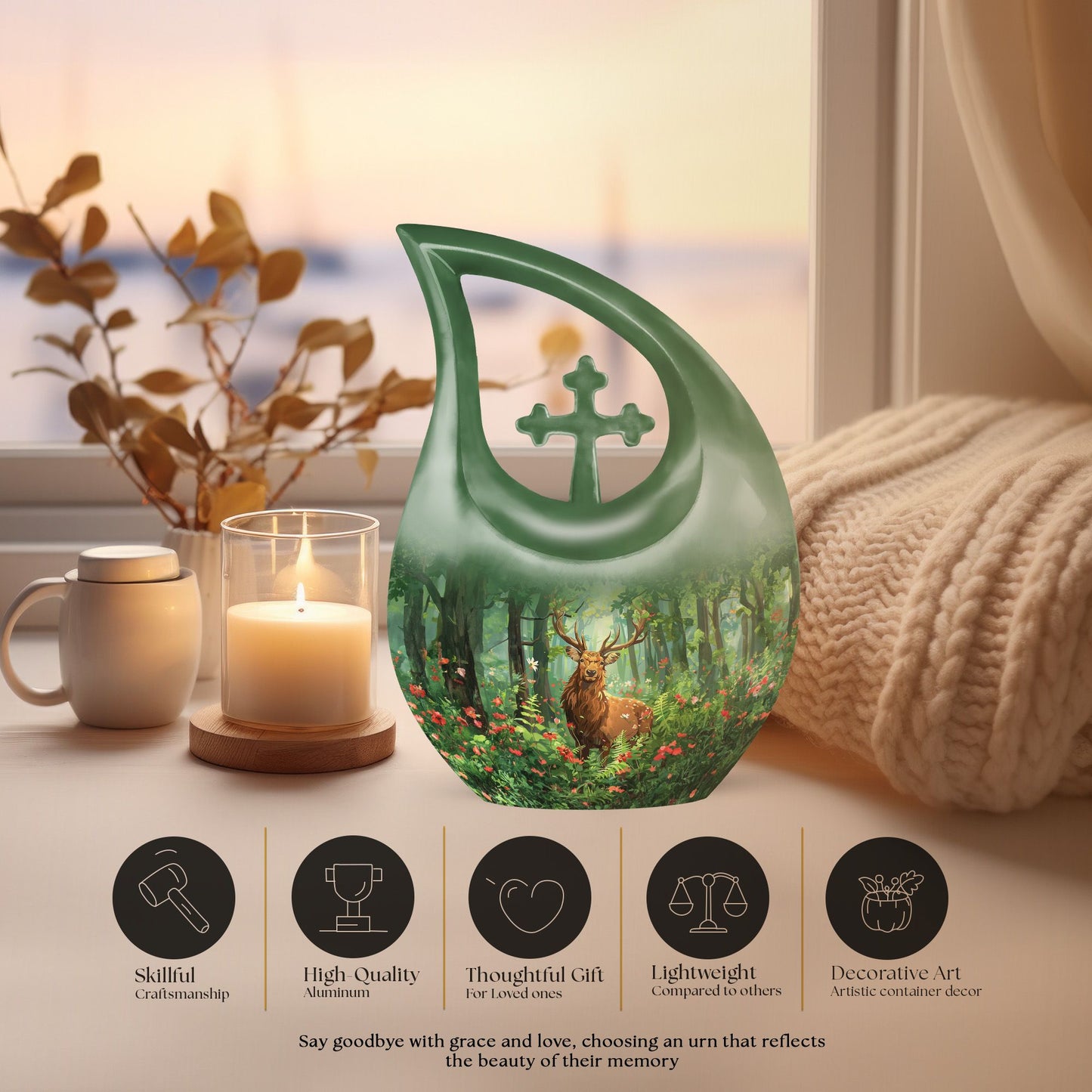10-inch Aluminium Deer Urn with Cross Drop Design, 