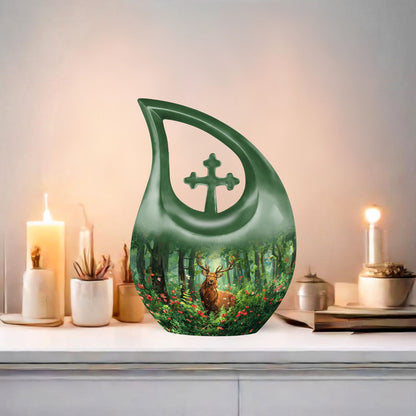 10-inch Aluminium Deer Urn with Cross Drop Design, 