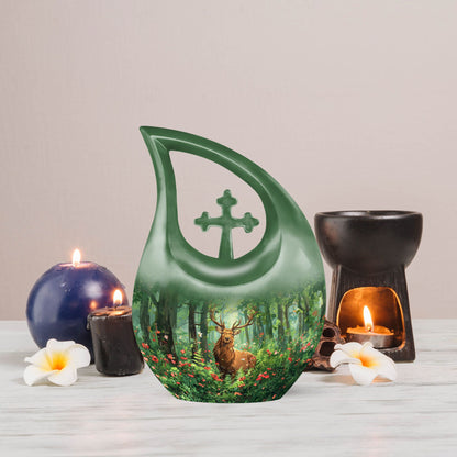 10-inch Aluminium Deer Urn with Cross Drop Design, 