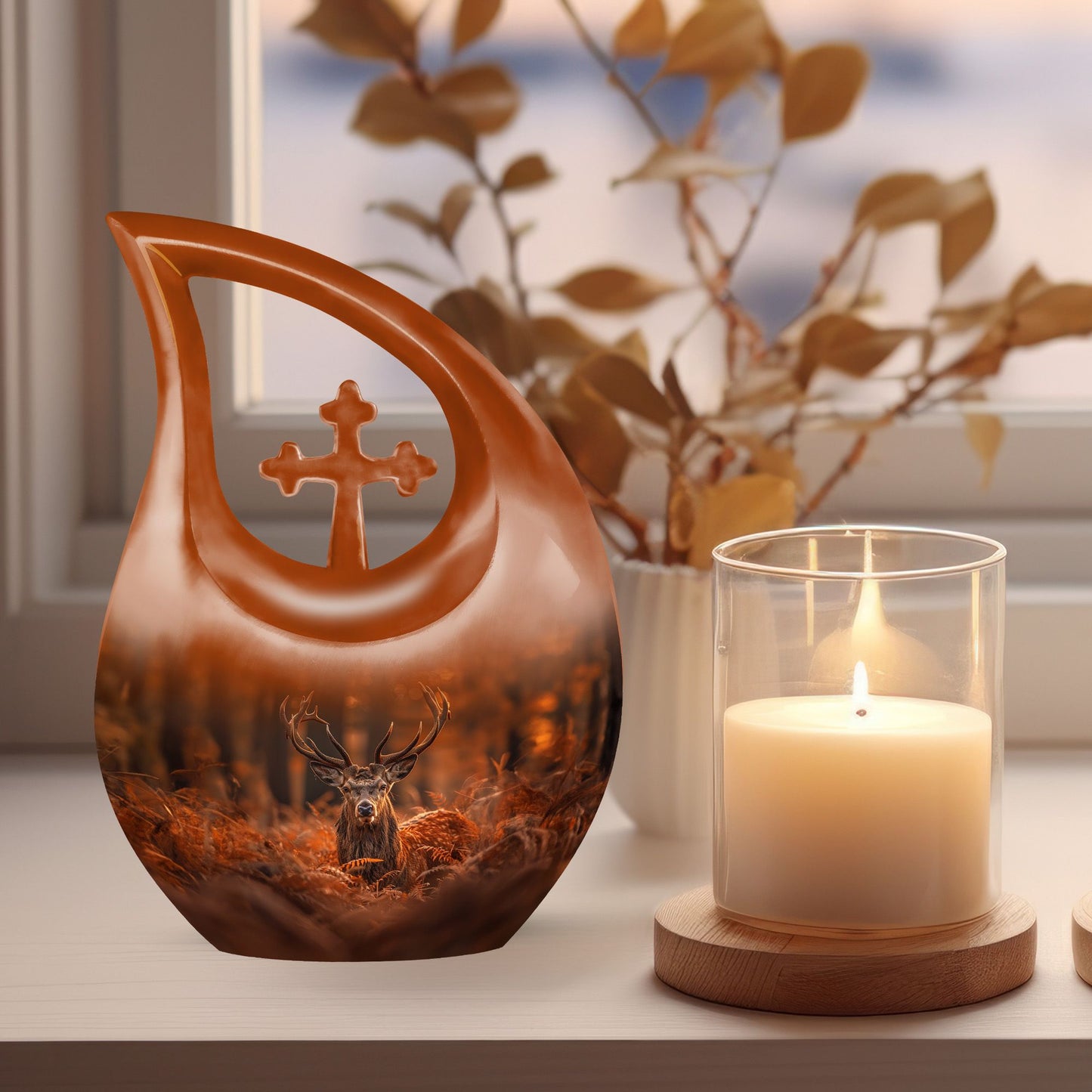 Affordable 10 inch Deer Urn with Cross Drop Design
