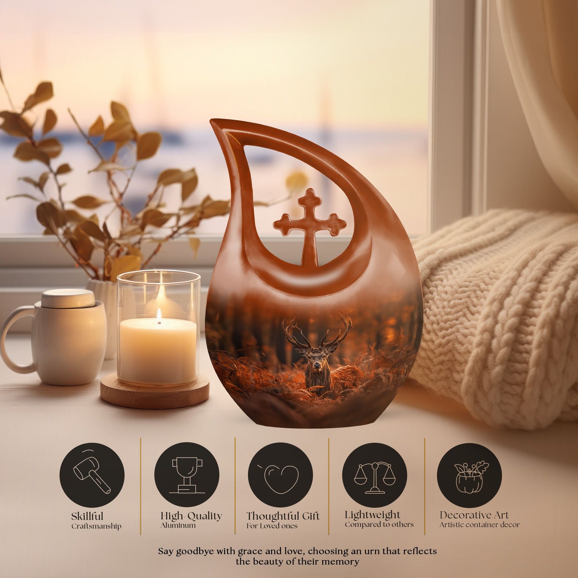 Affordable 10 inch Deer Urn with Cross Drop Design