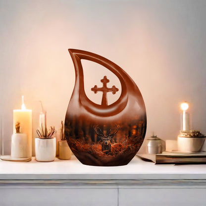 Affordable 10 inch Deer Urn with Cross Drop Design