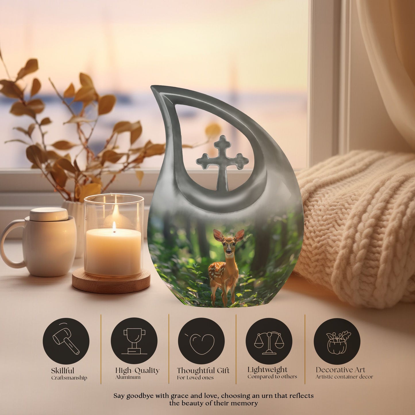 10-inch Deer themed Cross Drop Large Urn 