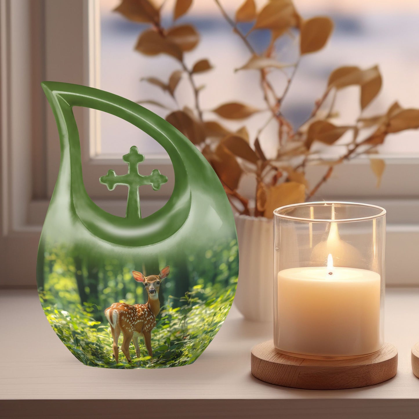 10 Inch Cross Drop Deer Urn, Aluminium Large Urn