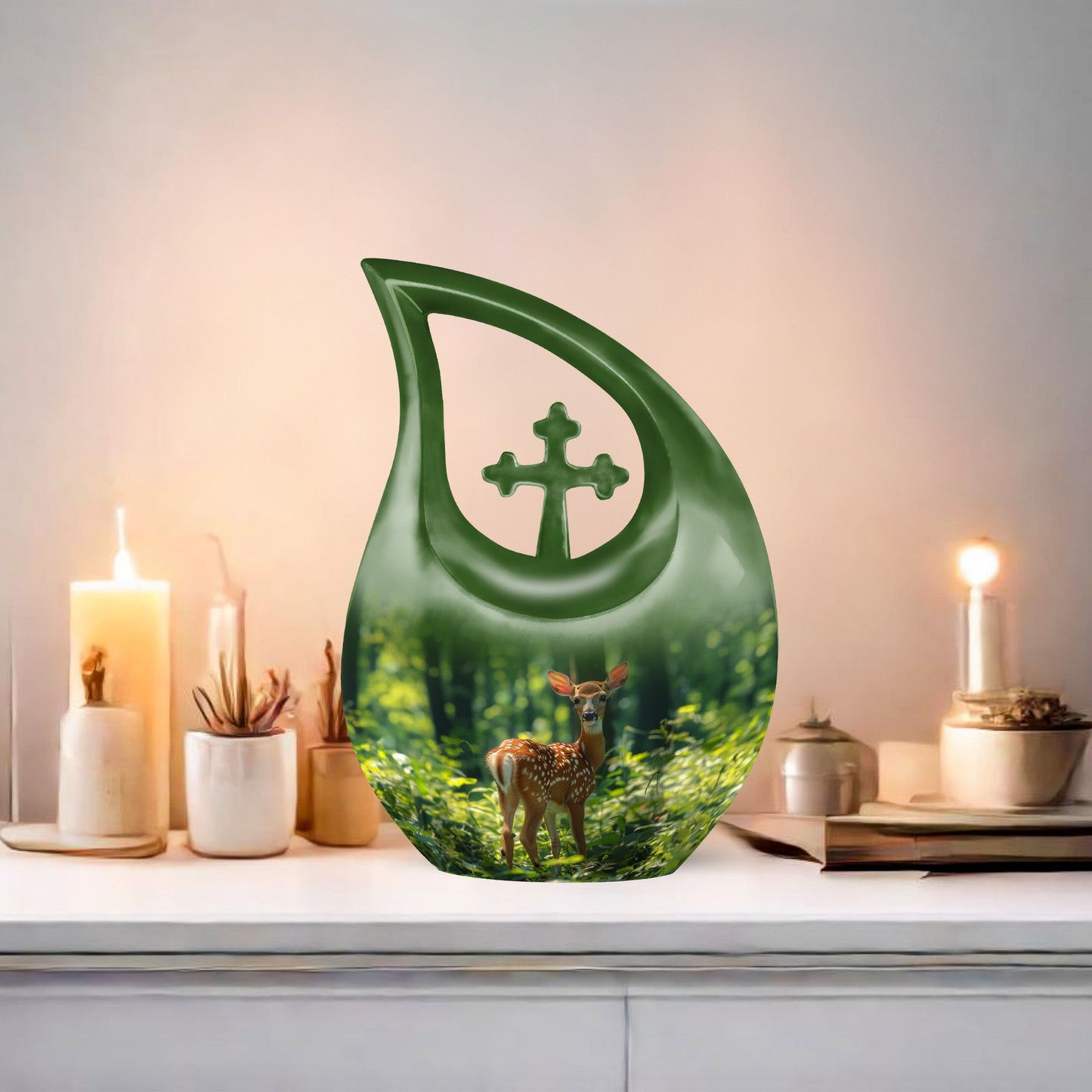 10 Inch Cross Drop Deer Urn, Aluminium Large Urn