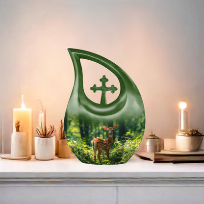 10 Inch Cross Drop Deer Urn, Aluminium Large Urn