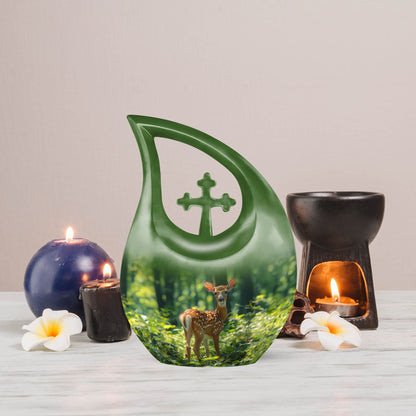 10 Inch Cross Drop Deer Urn, Aluminium Large Urn
