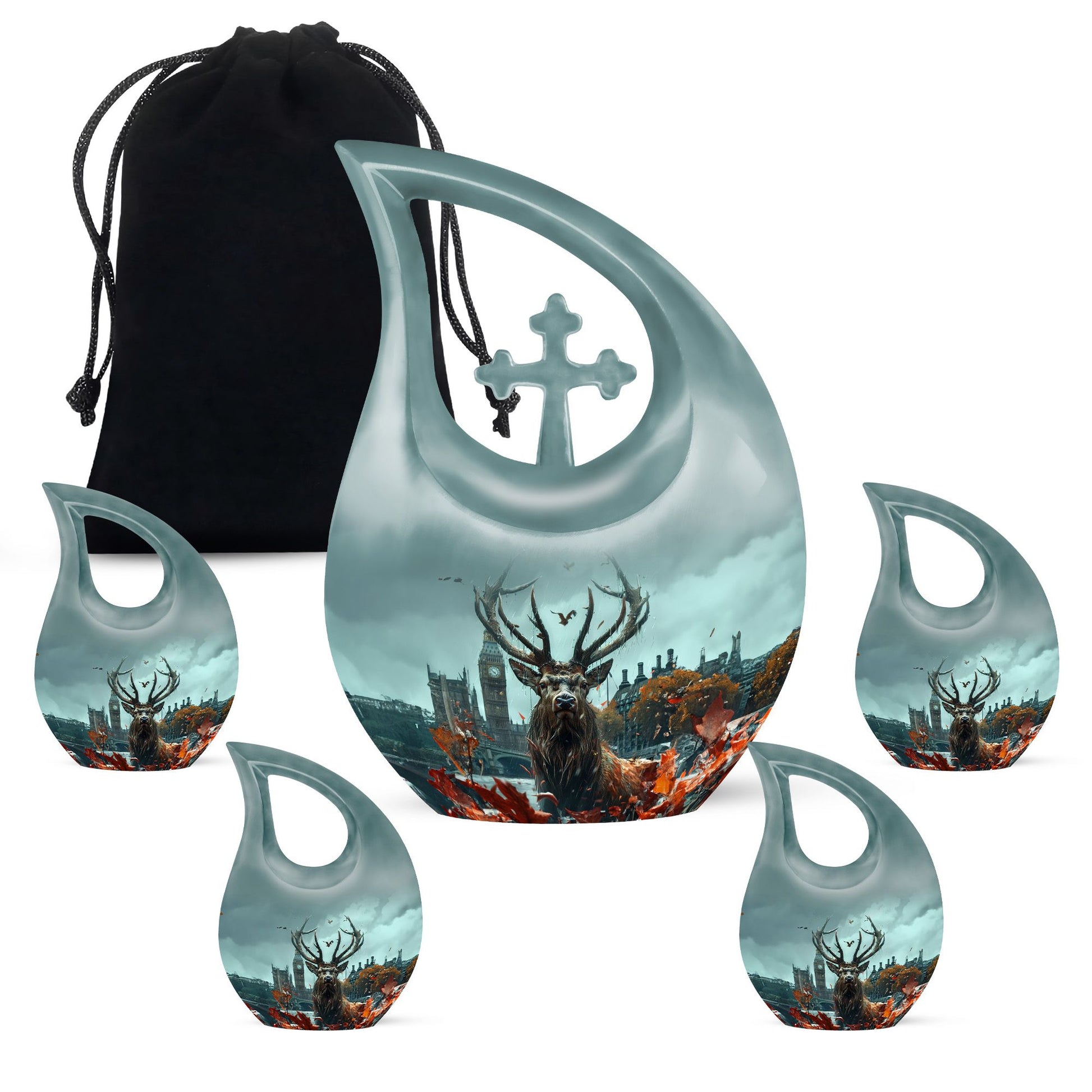 Deer Theme Large Urn With 4 Keepsake Urn