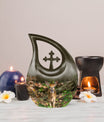 10-inch Deer Urn with Cross Drop design,