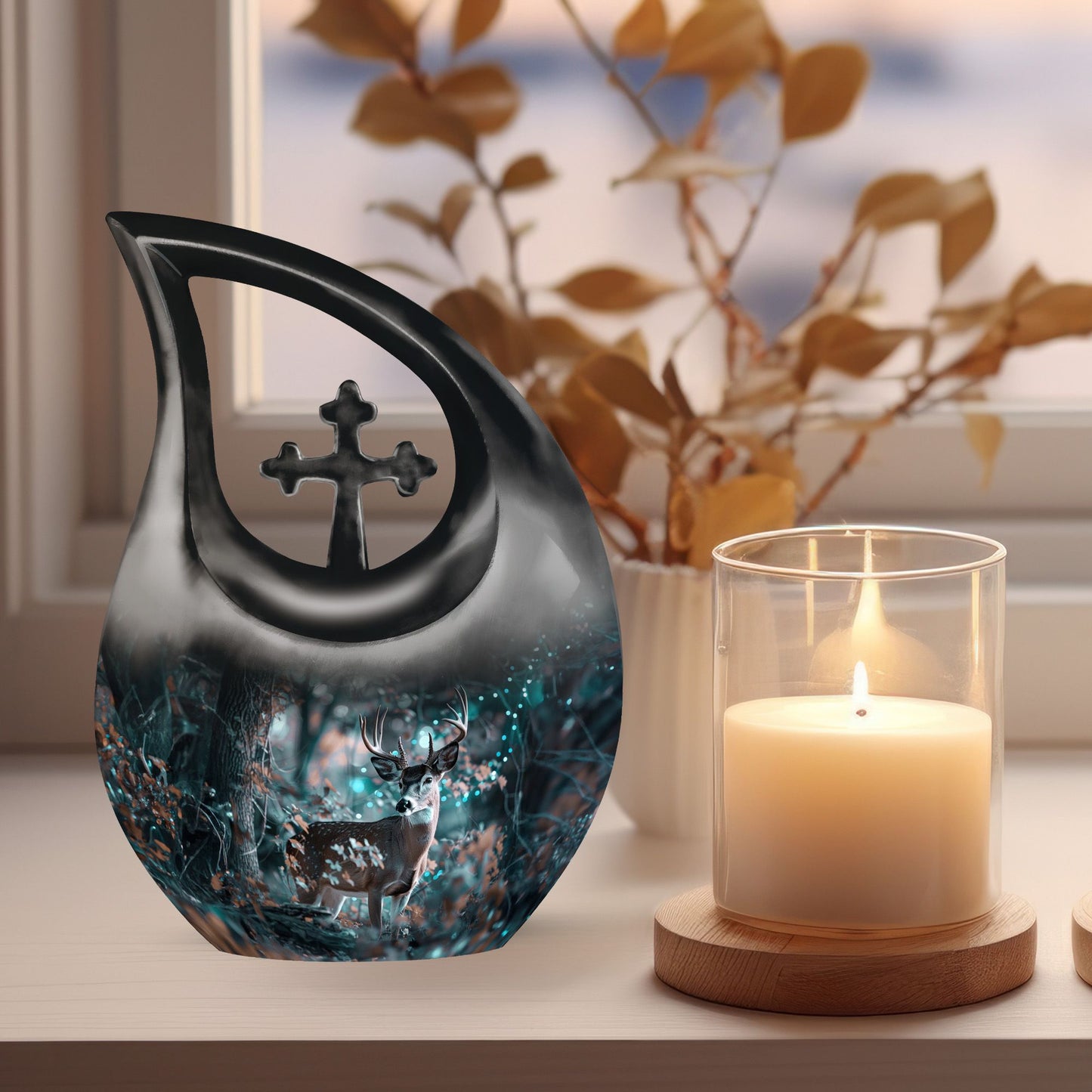 Affordable 10-inch Deer Urn with Cross Drop design,