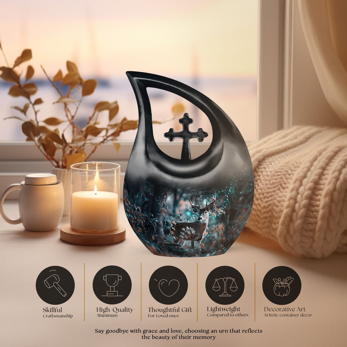 Affordable 10-inch Deer Urn with Cross Drop design,
