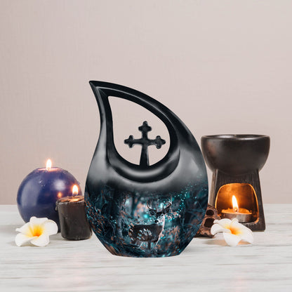 Affordable 10-inch Deer Urn with Cross Drop design,