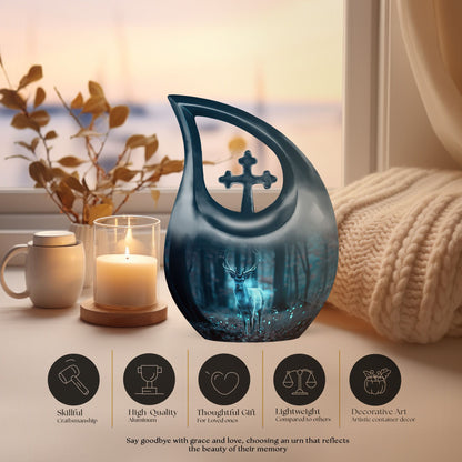 10 Inch Deer Themed Cross Drop Design Aluminium Large Urn 