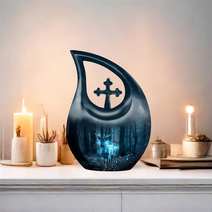 10 Inch Deer Themed Cross Drop Design Aluminium Large Urn 