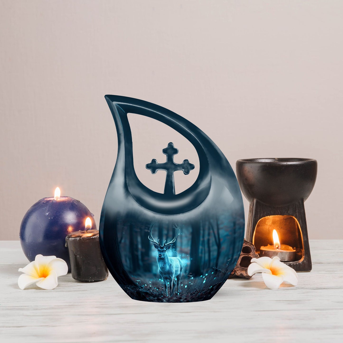 10 Inch Deer Themed Cross Drop Design Aluminium Large Urn 