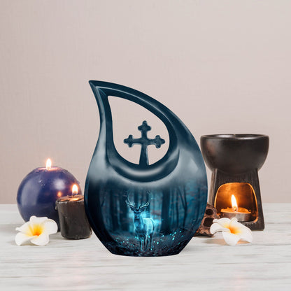 10 Inch Deer Themed Cross Drop Design Aluminium Large Urn 